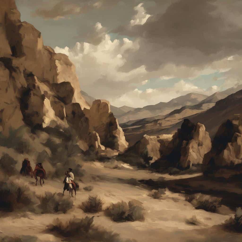 Οδοιπορικό στην έρημο με βουνά και ιππείς υπό γεμάτο σύννεφο ουρανό, εσωτερικό τοπίο τέχνης και φύσης.